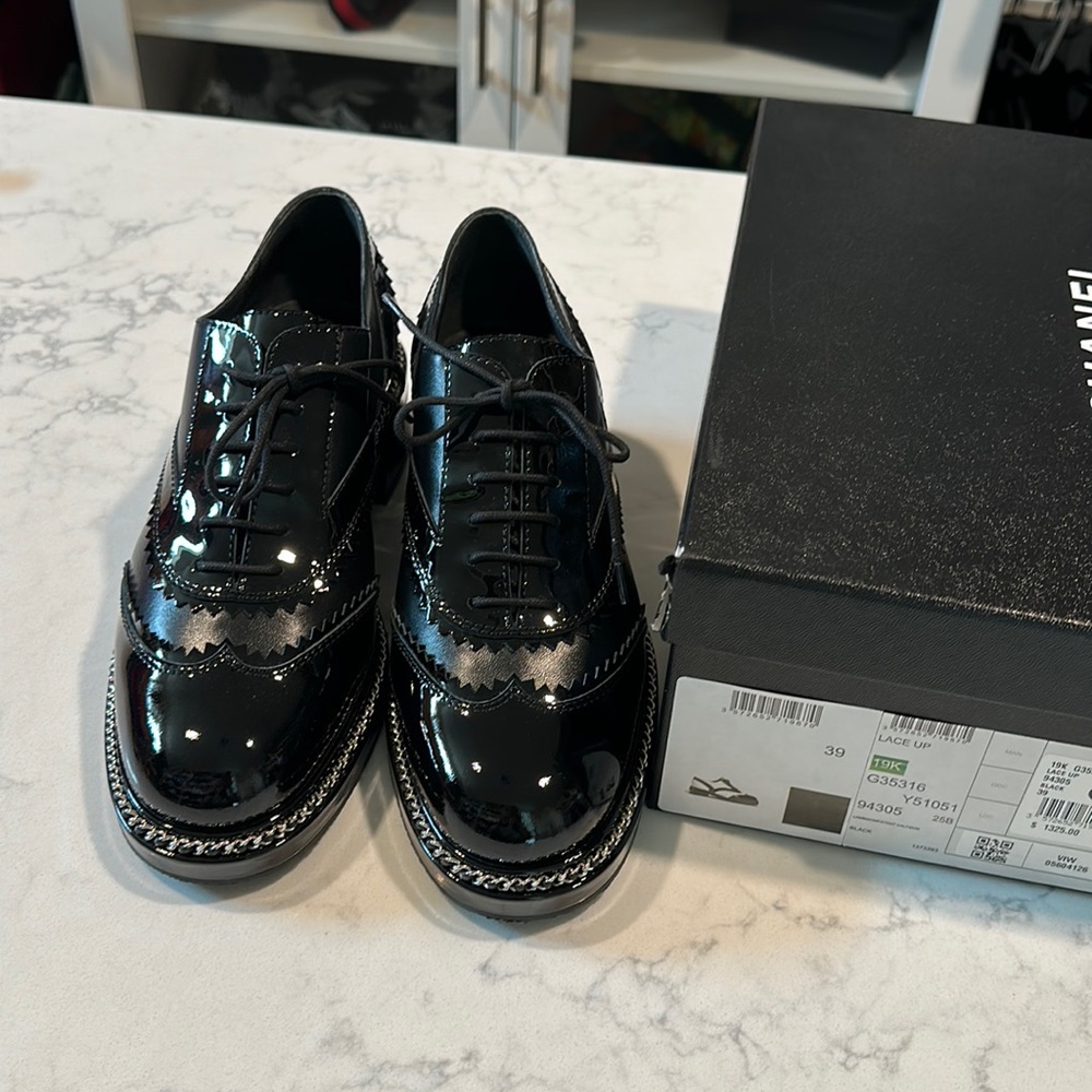 CHANEL Black Patent Leather Loafers